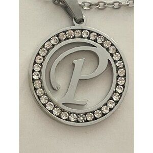 Initial P Pendant Necklace Silver Tone Rhinestone Necklace